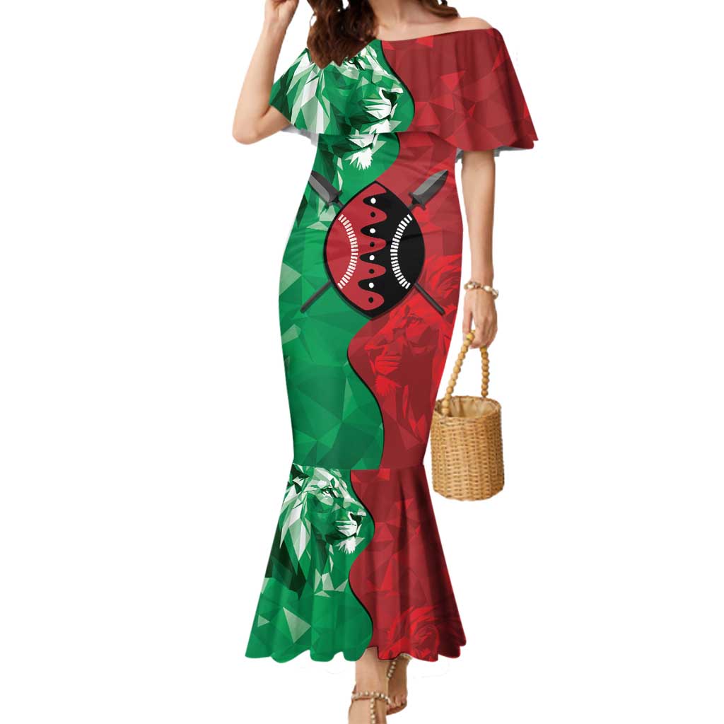 Personalized Kenya Maasai Shield Mermaid Dress Green Red Kenyan Lion Half Style - Wonder Print Shop
