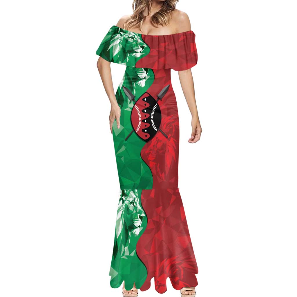 Personalized Kenya Maasai Shield Mermaid Dress Green Red Kenyan Lion Half Style - Wonder Print Shop