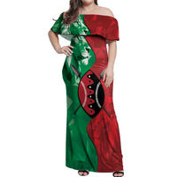 Personalized Kenya Maasai Shield Off Shoulder Maxi Dress Green Red Kenyan Lion Half Style - Wonder Print Shop