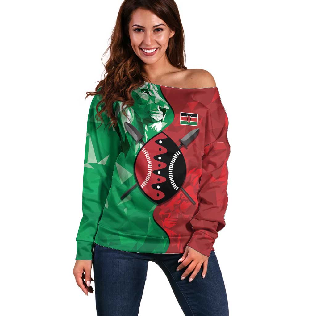 Personalized Kenya Maasai Shield Off Shoulder Sweater Green Red Kenyan Lion Half Style - Wonder Print Shop