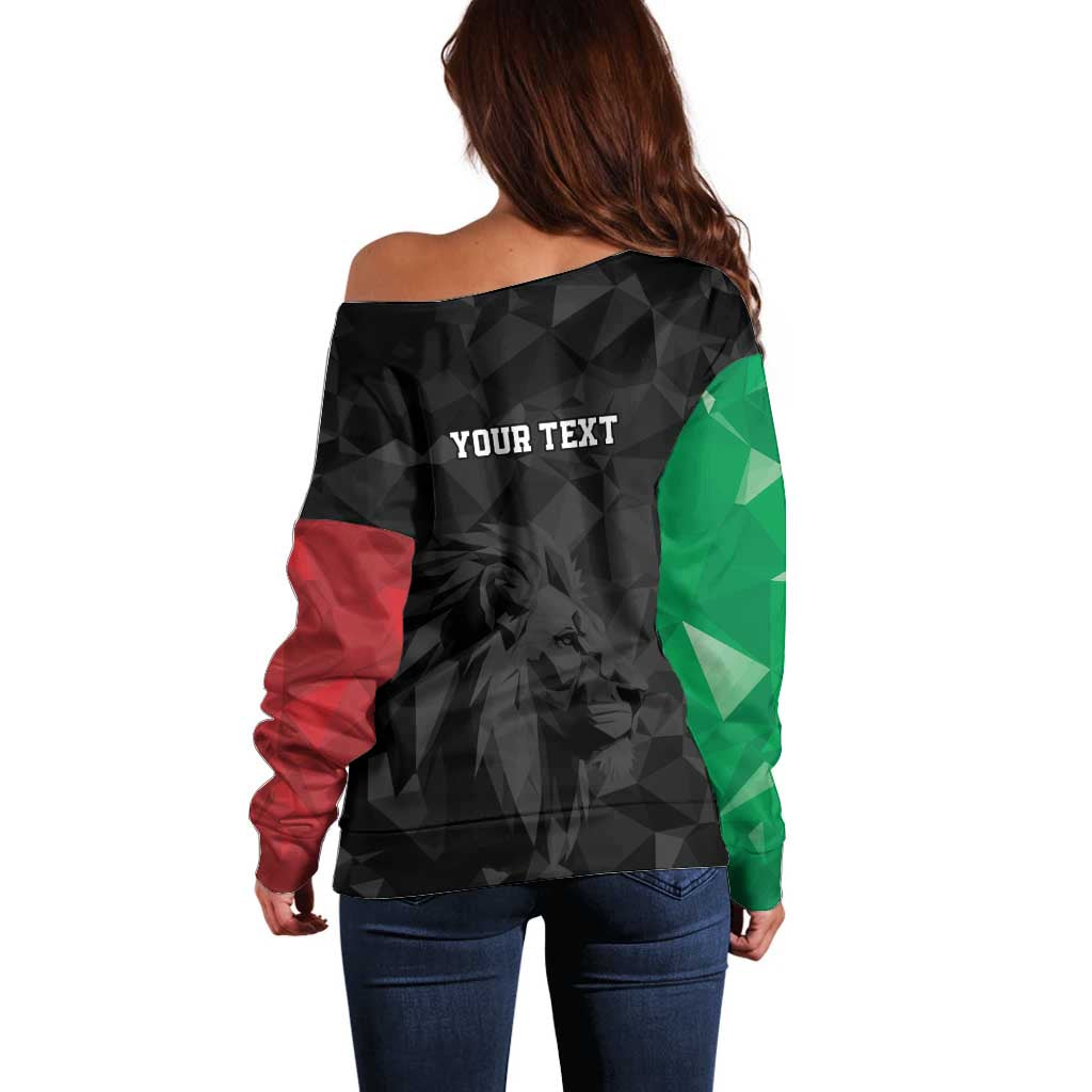 Personalized Kenya Maasai Shield Off Shoulder Sweater Green Red Kenyan Lion Half Style - Wonder Print Shop