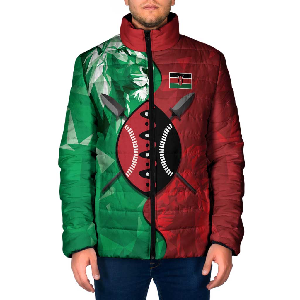 Personalized Kenya Maasai Shield Padded Jacket Green Red Kenyan Lion Half Style - Wonder Print Shop