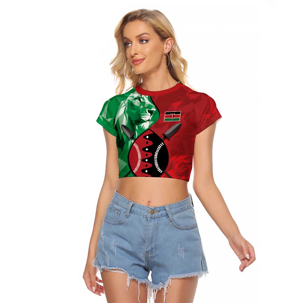 Personalized Kenya Maasai Shield Raglan Cropped T Shirt Green Red Kenyan Lion Half Style - Wonder Print Shop