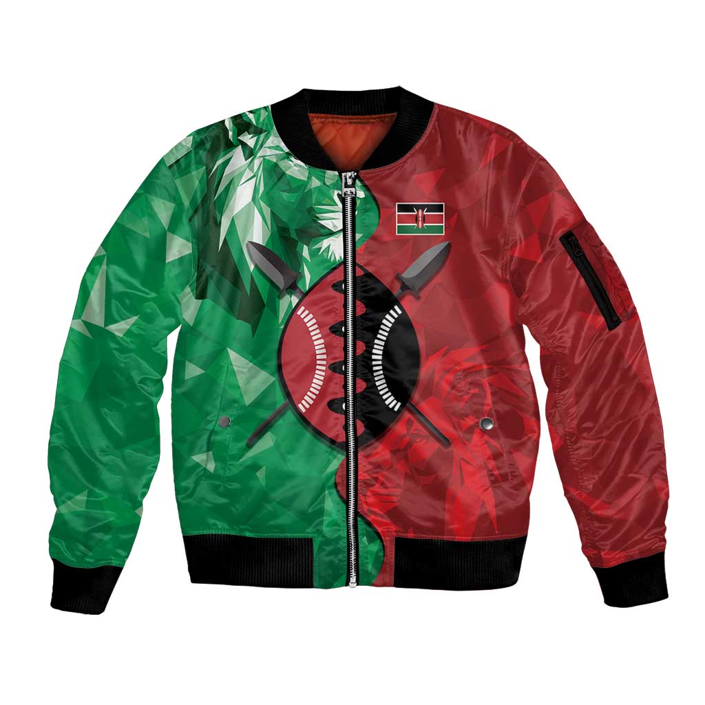 Personalized Kenya Maasai Shield Sleeve Zip Bomber Jacket Green Red Kenyan Lion Half Style - Wonder Print Shop