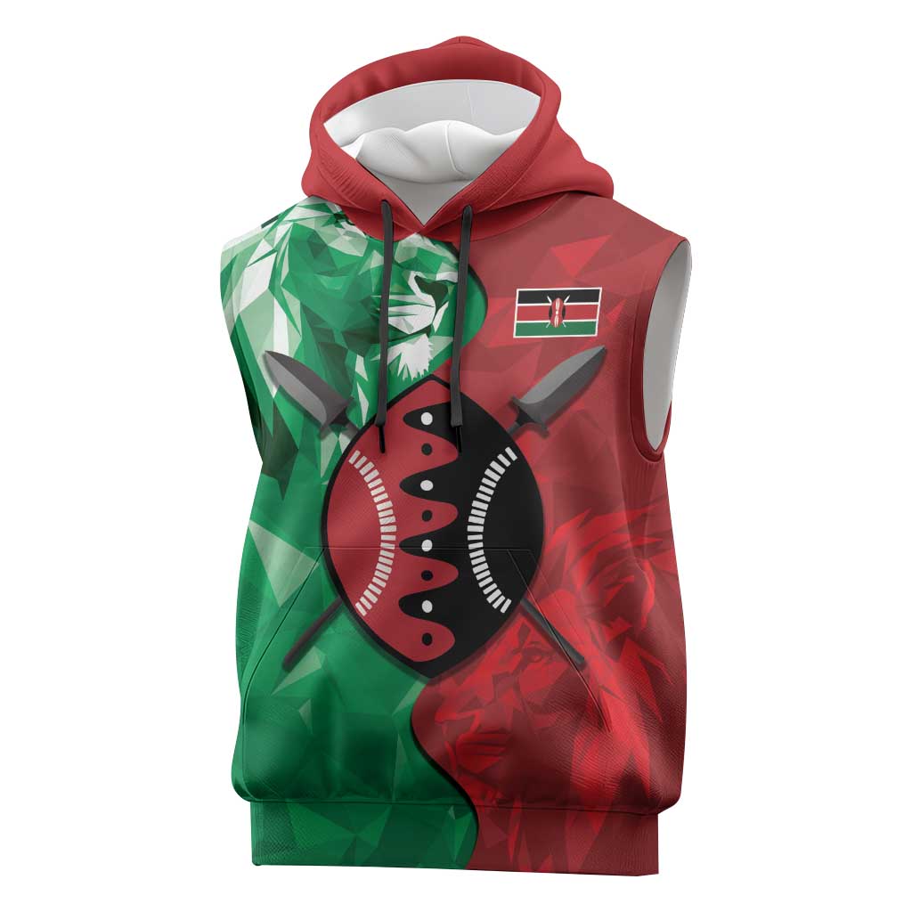 Personalized Kenya Maasai Shield Sleeveless Hoodie Green Red Kenyan Lion Half Style - Wonder Print Shop