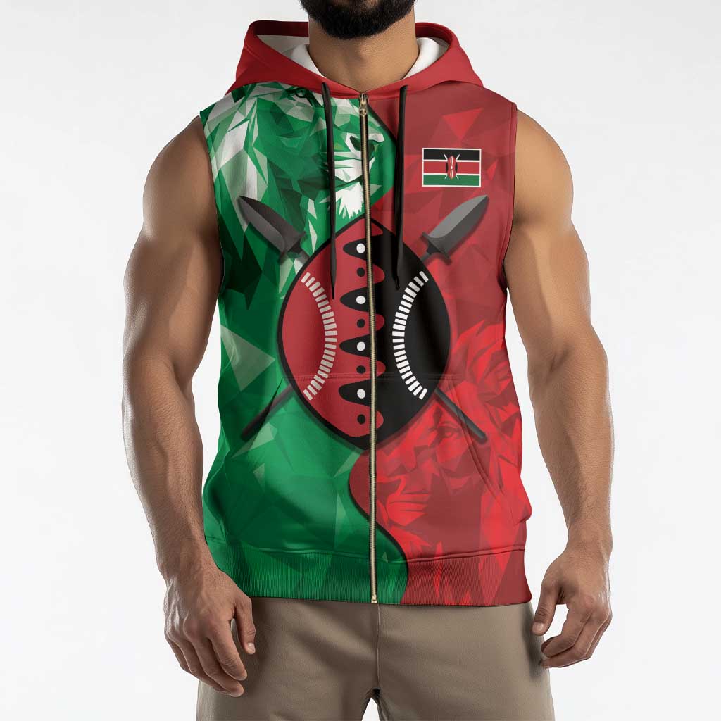 Personalized Kenya Maasai Shield Sleeveless Zip Hoodie Green Red Kenyan Lion Half Style - Wonder Print Shop