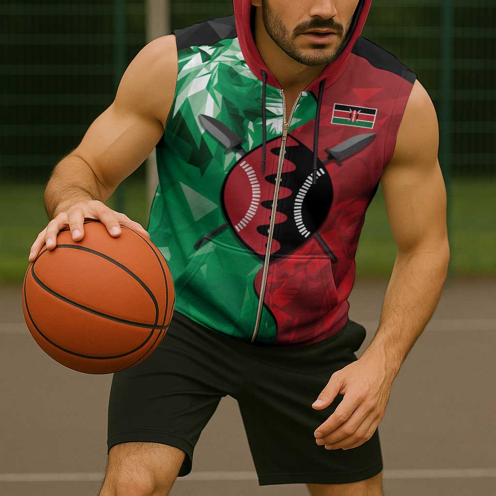 Personalized Kenya Maasai Shield Sleeveless Zip Hoodie Green Red Kenyan Lion Half Style - Wonder Print Shop