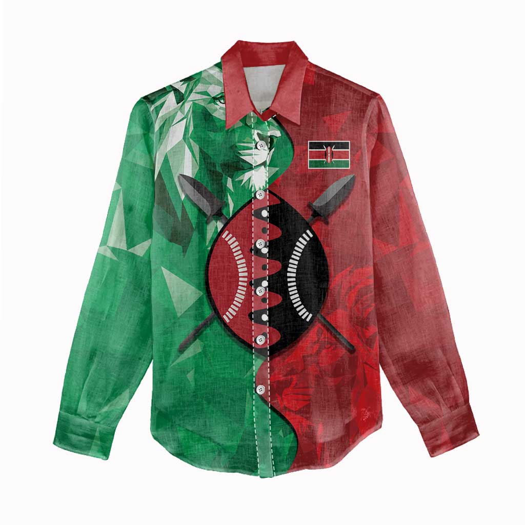 Personalized Kenya Maasai Shield Women Casual Shirt Green Red Kenyan Lion Half Style - Wonder Print Shop