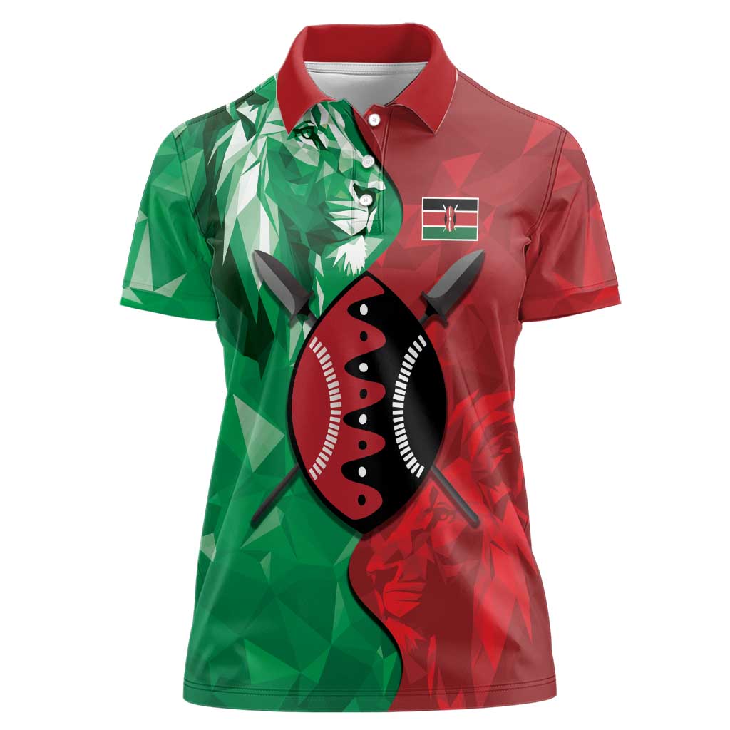Personalized Kenya Maasai Shield Women Polo Shirt Green Red Kenyan Lion Half Style - Wonder Print Shop