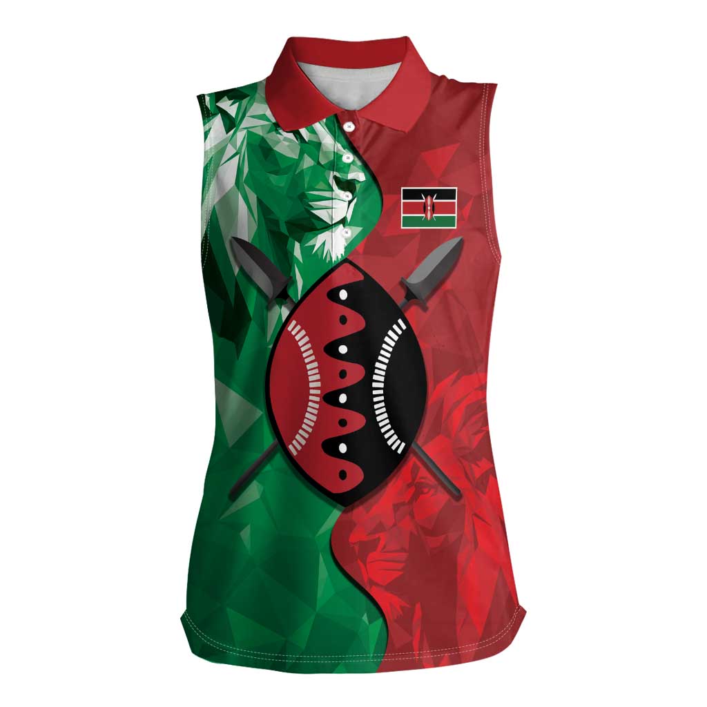Personalized Kenya Maasai Shield Women Sleeveless Polo Shirt Green Red Kenyan Lion Half Style - Wonder Print Shop