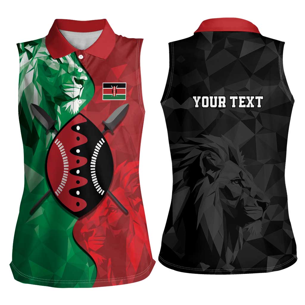 Personalized Kenya Maasai Shield Women Sleeveless Polo Shirt Green Red Kenyan Lion Half Style - Wonder Print Shop