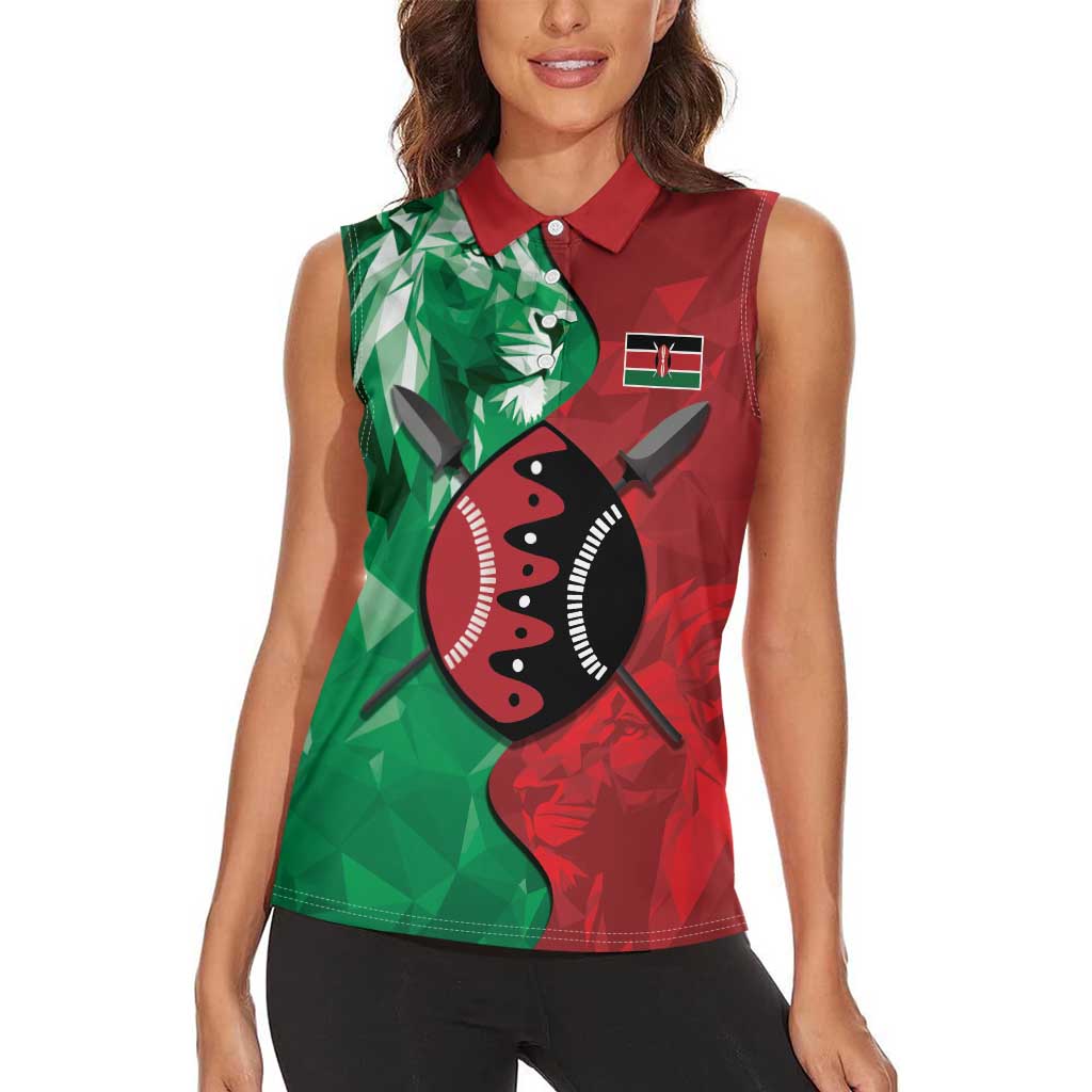 Personalized Kenya Maasai Shield Women Sleeveless Polo Shirt Green Red Kenyan Lion Half Style - Wonder Print Shop