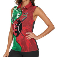 Personalized Kenya Maasai Shield Women Sleeveless Polo Shirt Green Red Kenyan Lion Half Style - Wonder Print Shop