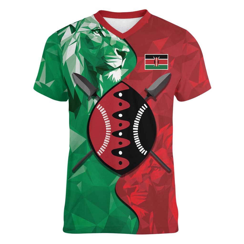 Personalized Kenya Maasai Shield Women V-Neck T-Shirt Green Red Kenyan Lion Half Style - Wonder Print Shop