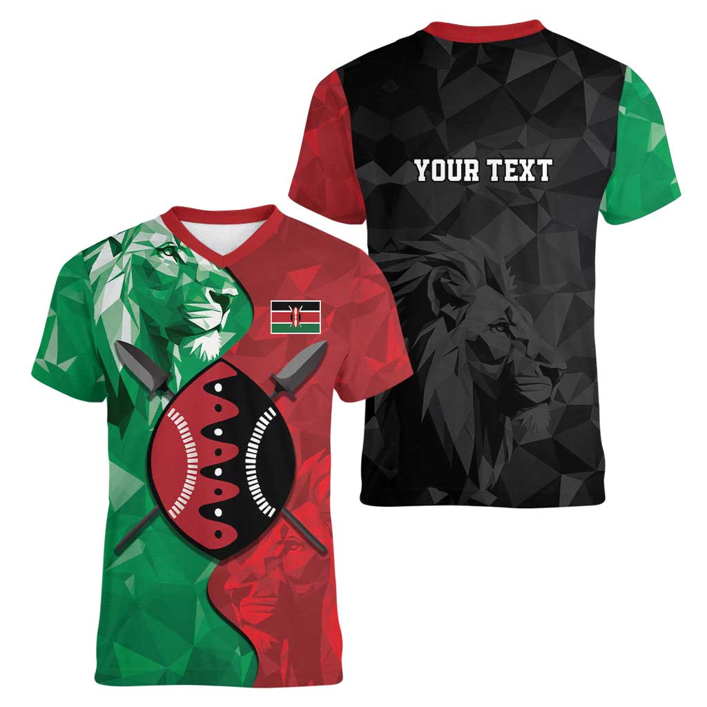 Personalized Kenya Maasai Shield Women V-Neck T-Shirt Green Red Kenyan Lion Half Style - Wonder Print Shop