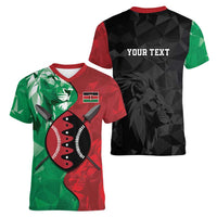 Personalized Kenya Maasai Shield Women V-Neck T-Shirt Green Red Kenyan Lion Half Style - Wonder Print Shop