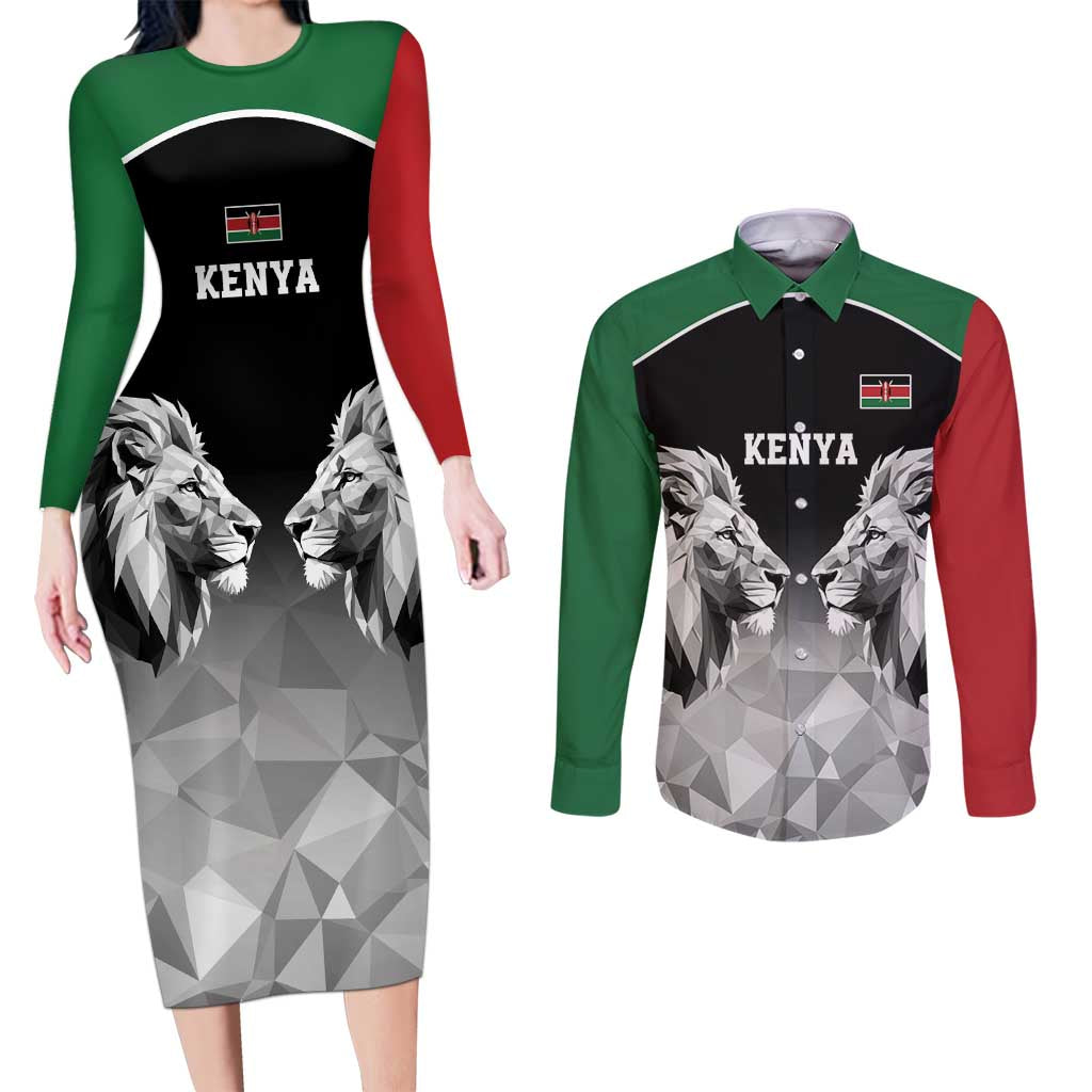 Kenya Rugby Custom Couples Matching Long Sleeve Bodycon Dress and Long Sleeve Button Shirt Black Kenyan 22-23 Motif - Wonder Print Shop