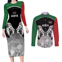 Kenya Rugby Custom Couples Matching Long Sleeve Bodycon Dress and Long Sleeve Button Shirt Black Kenyan 22-23 Motif - Wonder Print Shop