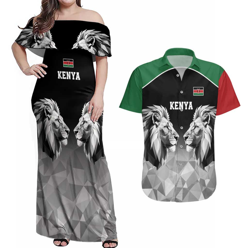 Kenya Rugby Custom Couples Matching Off Shoulder Maxi Dress and Hawaiian Shirt Black Kenyan 22-23 Motif - Wonder Print Shop