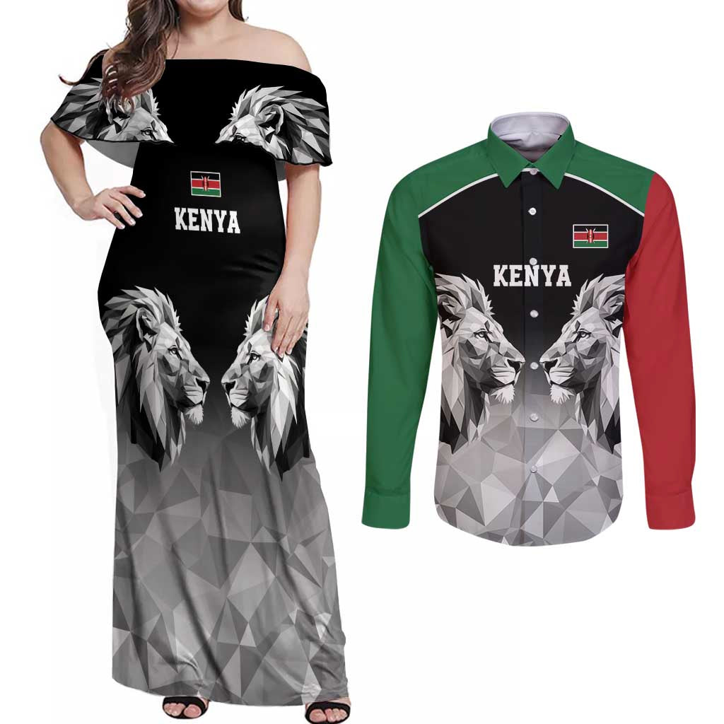 Kenya Rugby Custom Couples Matching Off Shoulder Maxi Dress and Long Sleeve Button Shirt Black Kenyan 22-23 Motif - Wonder Print Shop