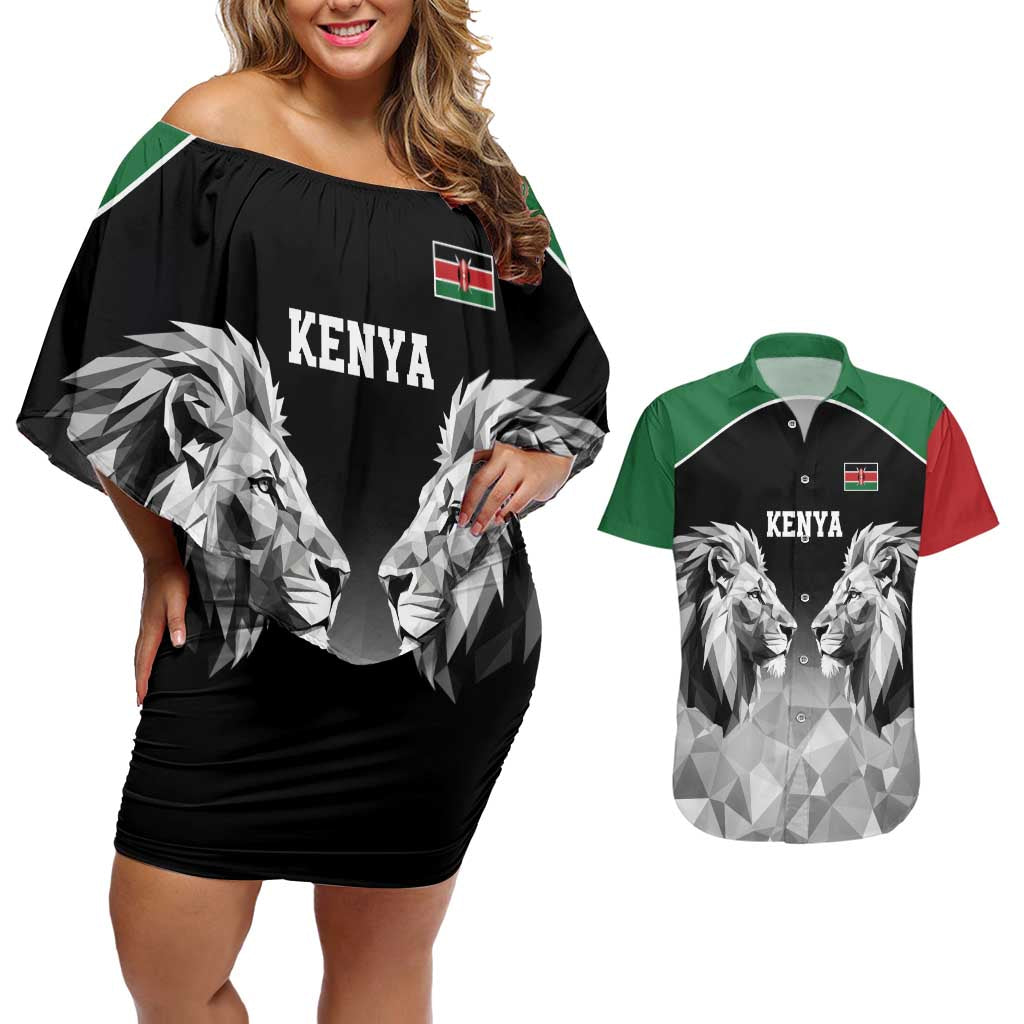 Kenya Rugby Custom Couples Matching Off Shoulder Short Dress and Hawaiian Shirt Black Kenyan 22-23 Motif - Wonder Print Shop