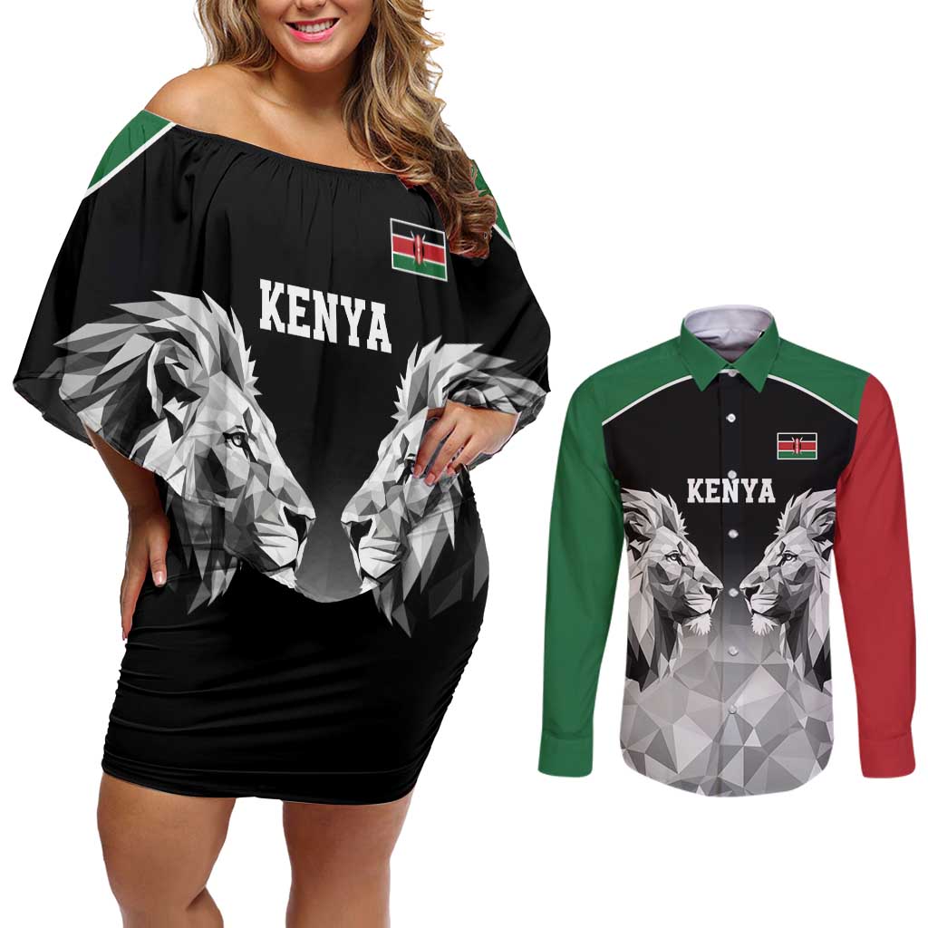 Kenya Rugby Custom Couples Matching Off Shoulder Short Dress and Long Sleeve Button Shirt Black Kenyan 22-23 Motif - Wonder Print Shop