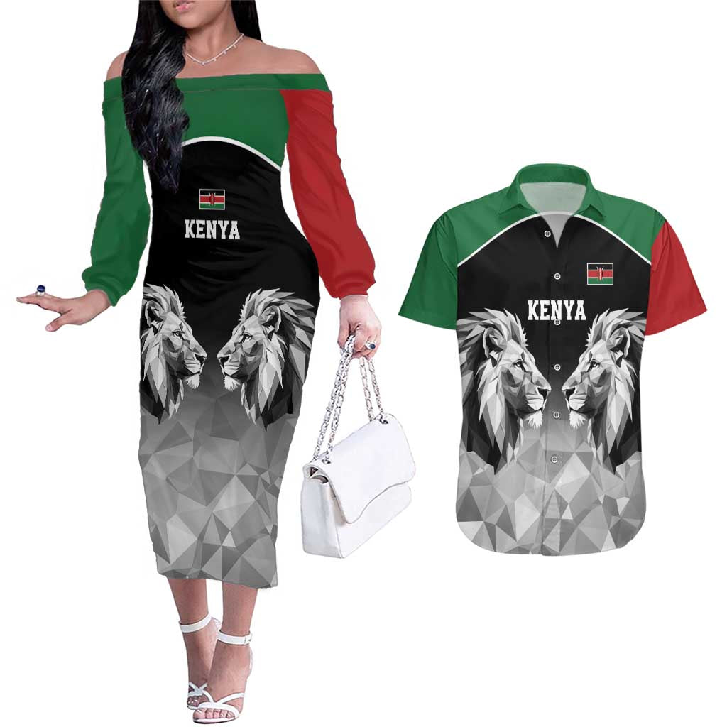 Kenya Rugby Custom Couples Matching Off The Shoulder Long Sleeve Dress and Hawaiian Shirt Black Kenyan 22-23 Motif - Wonder Print Shop
