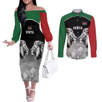 Kenya Rugby Custom Couples Matching Off The Shoulder Long Sleeve Dress and Long Sleeve Button Shirt Black Kenyan 22-23 Motif - Wonder Print Shop