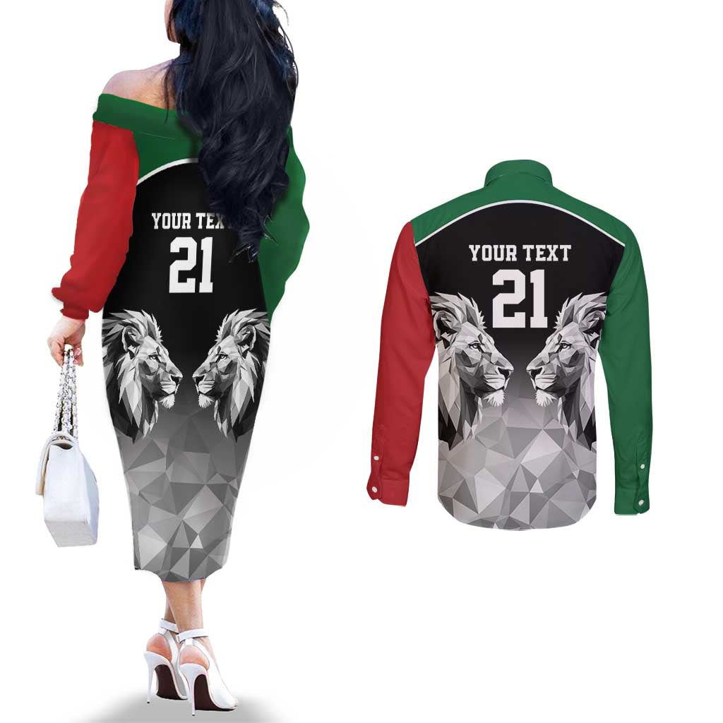 Kenya Rugby Custom Couples Matching Off The Shoulder Long Sleeve Dress and Long Sleeve Button Shirt Black Kenyan 22-23 Motif - Wonder Print Shop