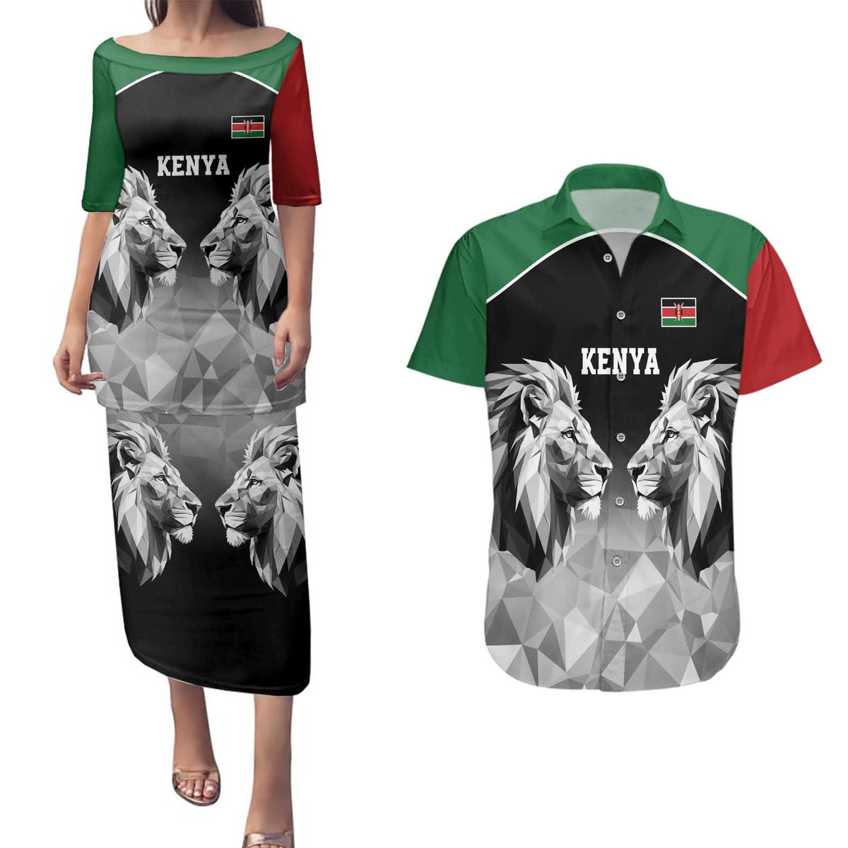 Kenya Rugby Custom Couples Matching Puletasi and Hawaiian Shirt Black Kenyan 22-23 Motif - Wonder Print Shop