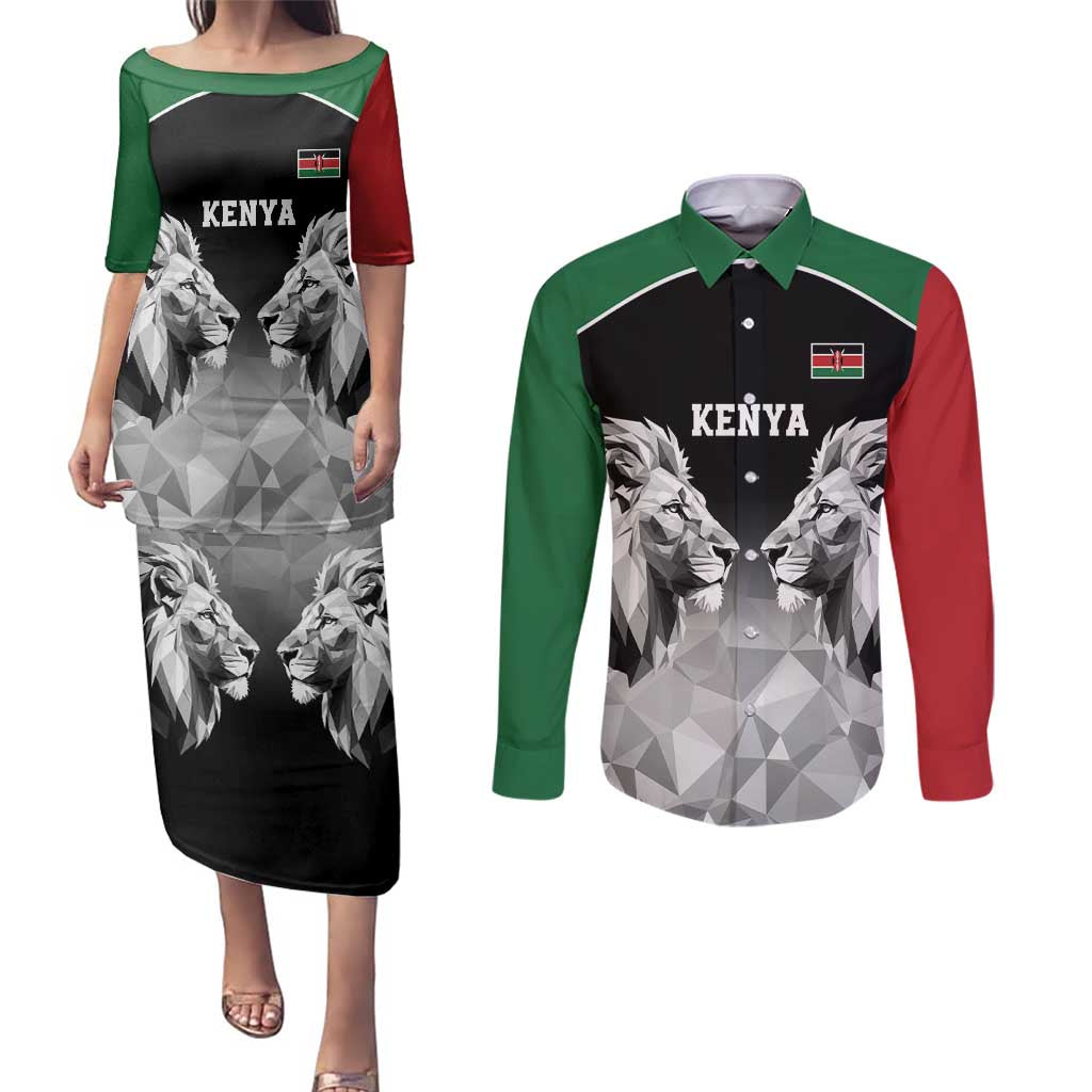 Kenya Rugby Custom Couples Matching Puletasi and Long Sleeve Button Shirt Black Kenyan 22-23 Motif - Wonder Print Shop