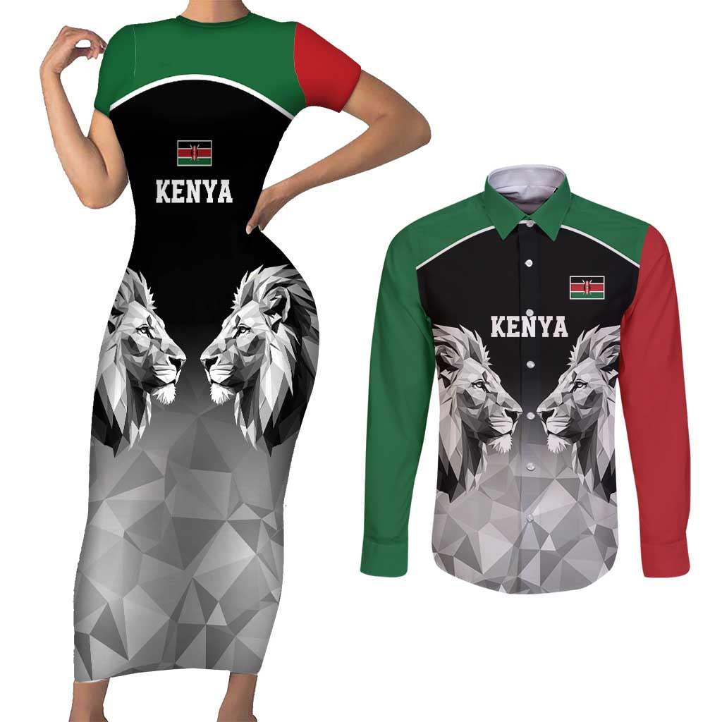 Kenya Rugby Custom Couples Matching Short Sleeve Bodycon Dress and Long Sleeve Button Shirt Black Kenyan 22-23 Motif - Wonder Print Shop