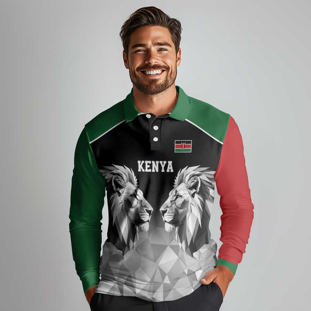 Kenya Rugby Custom Long Sleeve Polo Shirt Black Kenyan 22-23 Motif - Wonder Print Shop