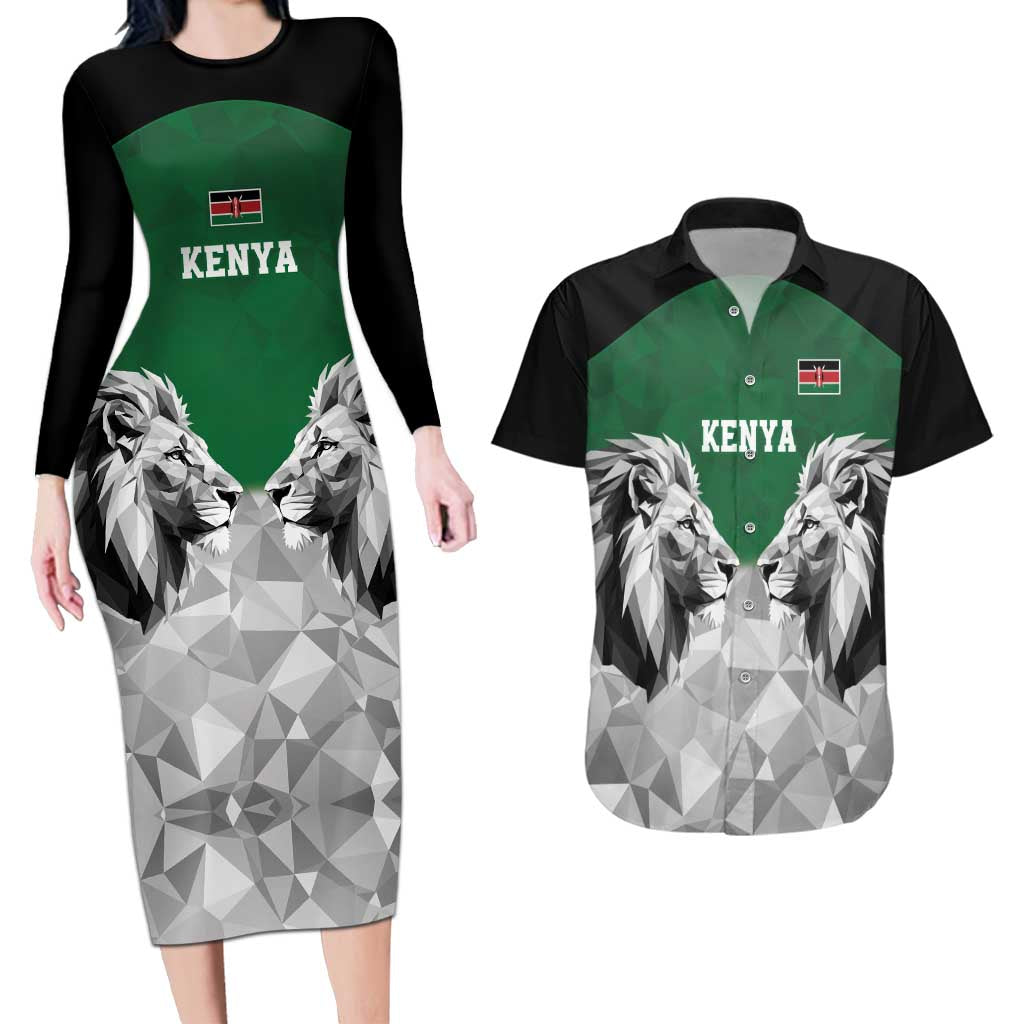 Kenya Rugby Custom Couples Matching Long Sleeve Bodycon Dress and Hawaiian Shirt Green Kenyan 22-23 Motif - Wonder Print Shop