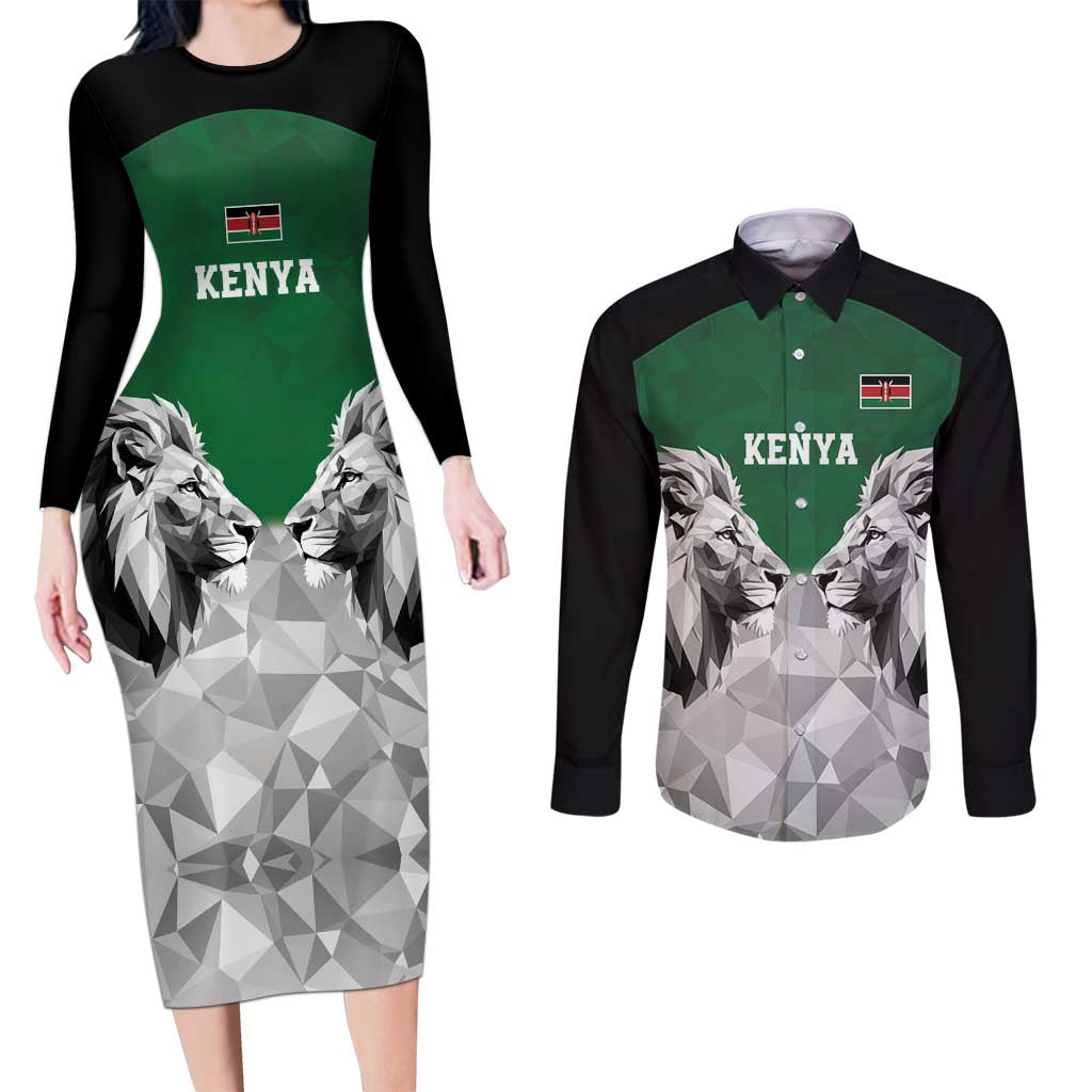 Kenya Rugby Custom Couples Matching Long Sleeve Bodycon Dress and Long Sleeve Button Shirt Green Kenyan 22-23 Motif - Wonder Print Shop