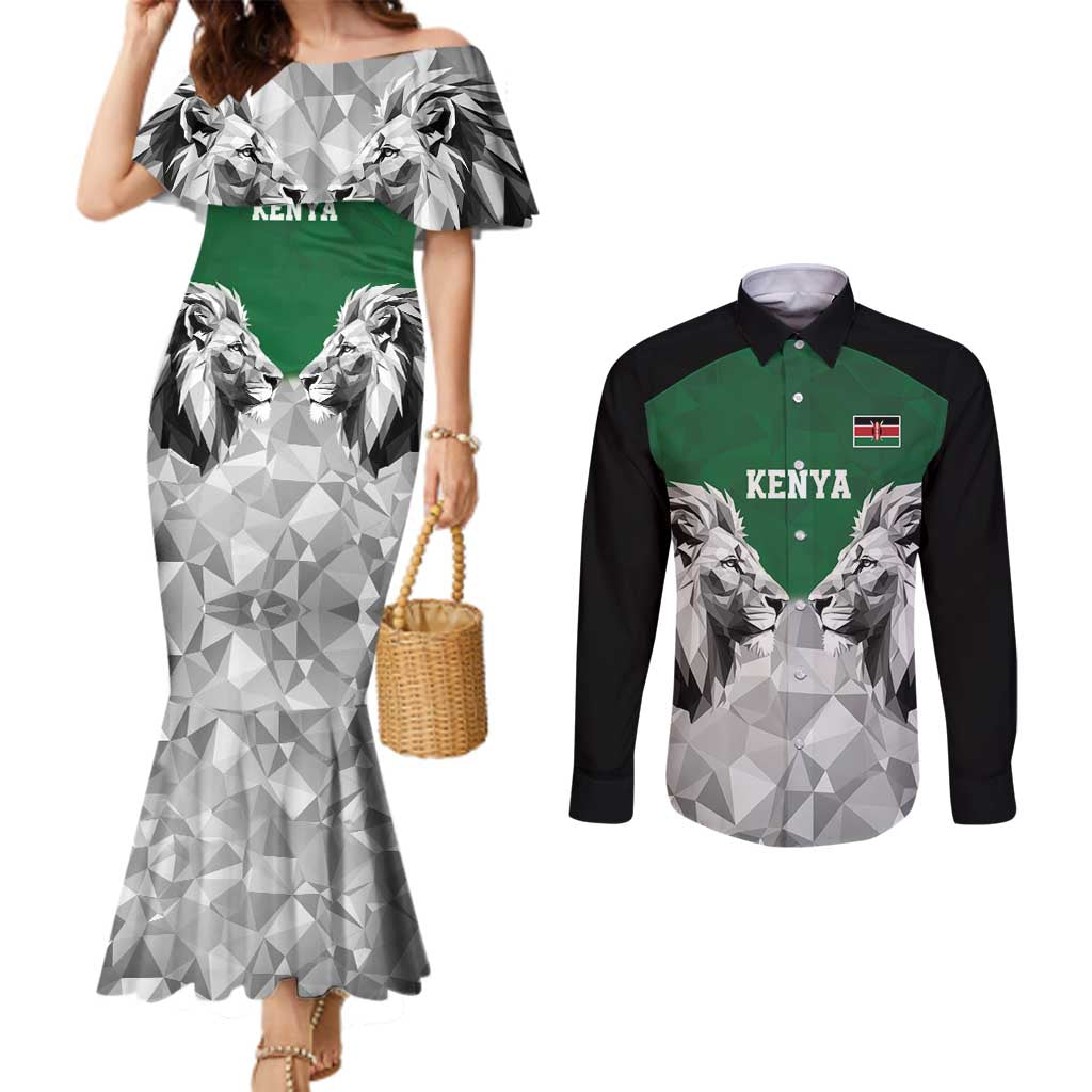 Kenya Rugby Custom Couples Matching Mermaid Dress and Long Sleeve Button Shirt Green Kenyan 22-23 Motif - Wonder Print Shop