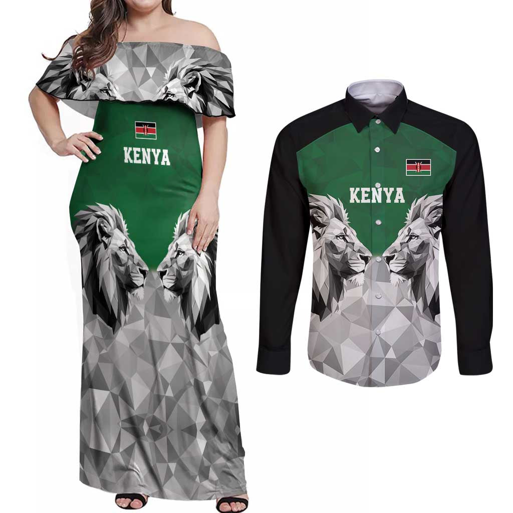 Kenya Rugby Custom Couples Matching Off Shoulder Maxi Dress and Long Sleeve Button Shirt Green Kenyan 22-23 Motif - Wonder Print Shop