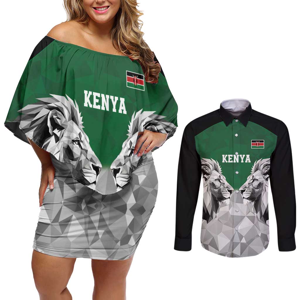 Kenya Rugby Custom Couples Matching Off Shoulder Short Dress and Long Sleeve Button Shirt Green Kenyan 22-23 Motif - Wonder Print Shop