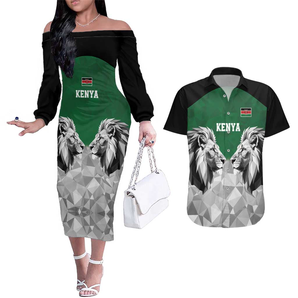 Kenya Rugby Custom Couples Matching Off The Shoulder Long Sleeve Dress and Hawaiian Shirt Green Kenyan 22-23 Motif - Wonder Print Shop