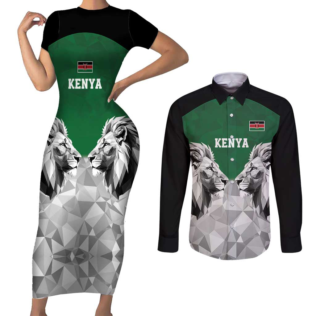 Kenya Rugby Custom Couples Matching Short Sleeve Bodycon Dress and Long Sleeve Button Shirt Green Kenyan 22-23 Motif - Wonder Print Shop