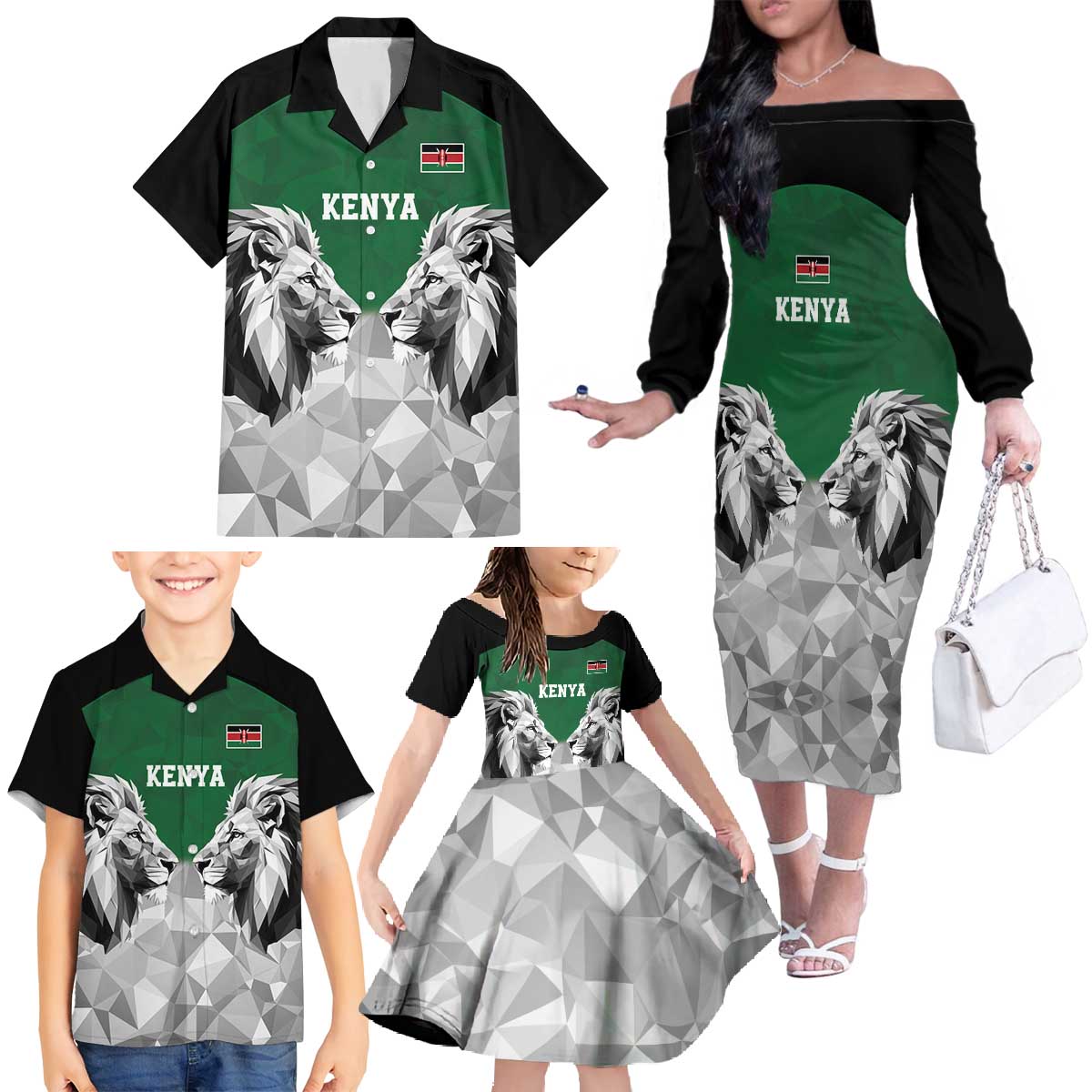Kenya Rugby Custom Family Matching Off The Shoulder Long Sleeve Dress and Hawaiian Shirt Green Kenyan 22-23 Motif - Wonder Print Shop