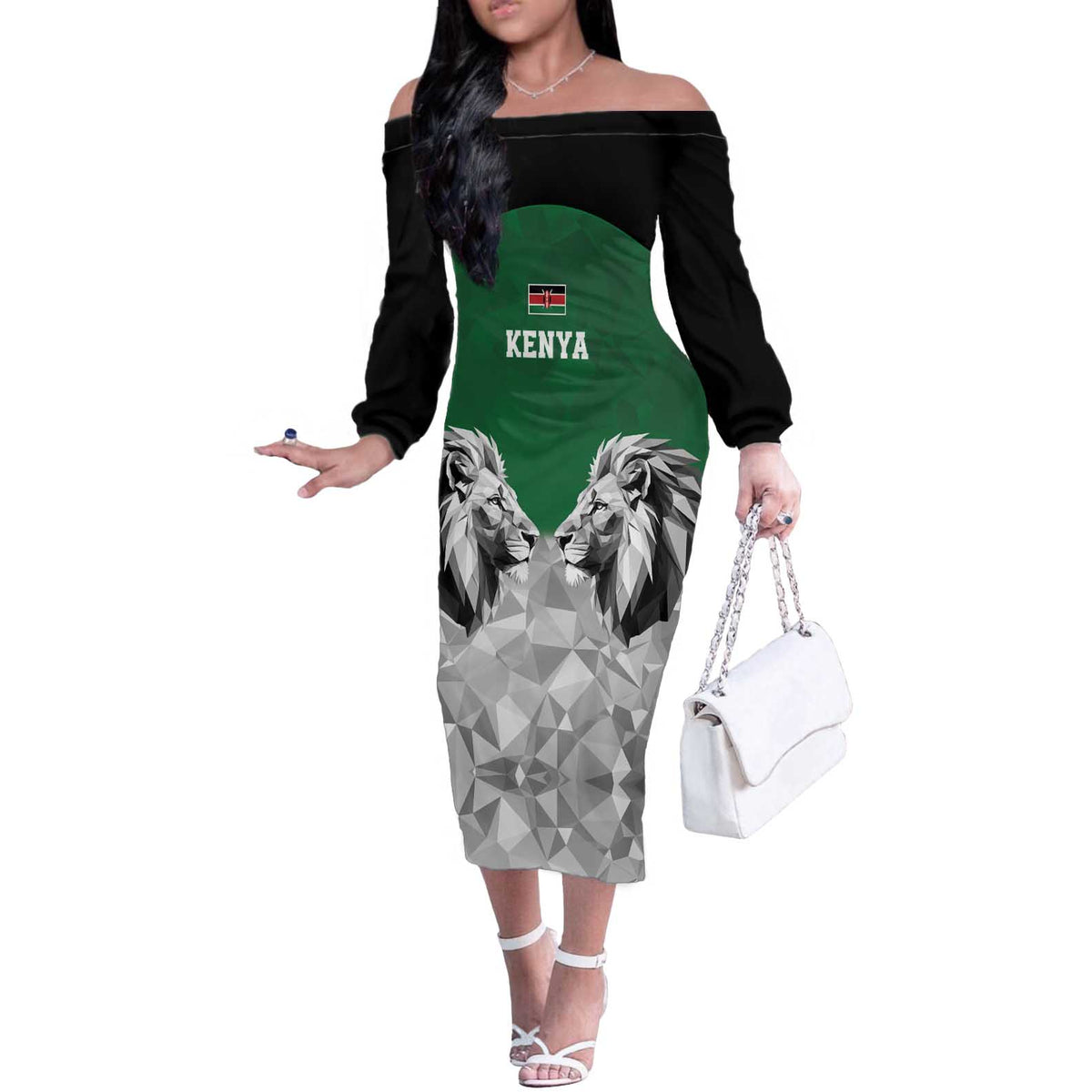 Kenya Rugby Custom Off The Shoulder Long Sleeve Dress Green Kenyan 22-23 Motif - Wonder Print Shop