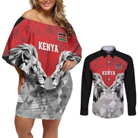 Kenya Rugby Custom Couples Matching Off Shoulder Short Dress and Long Sleeve Button Shirt Red Kenyan 22-23 Motif - Wonder Print Shop