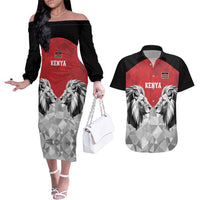 Kenya Rugby Custom Couples Matching Off The Shoulder Long Sleeve Dress and Hawaiian Shirt Red Kenyan 22-23 Motif - Wonder Print Shop