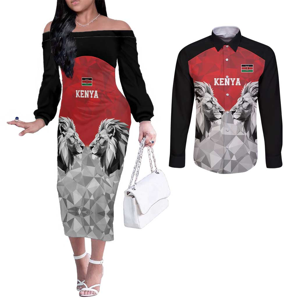 Kenya Rugby Custom Couples Matching Off The Shoulder Long Sleeve Dress and Long Sleeve Button Shirt Red Kenyan 22-23 Motif - Wonder Print Shop