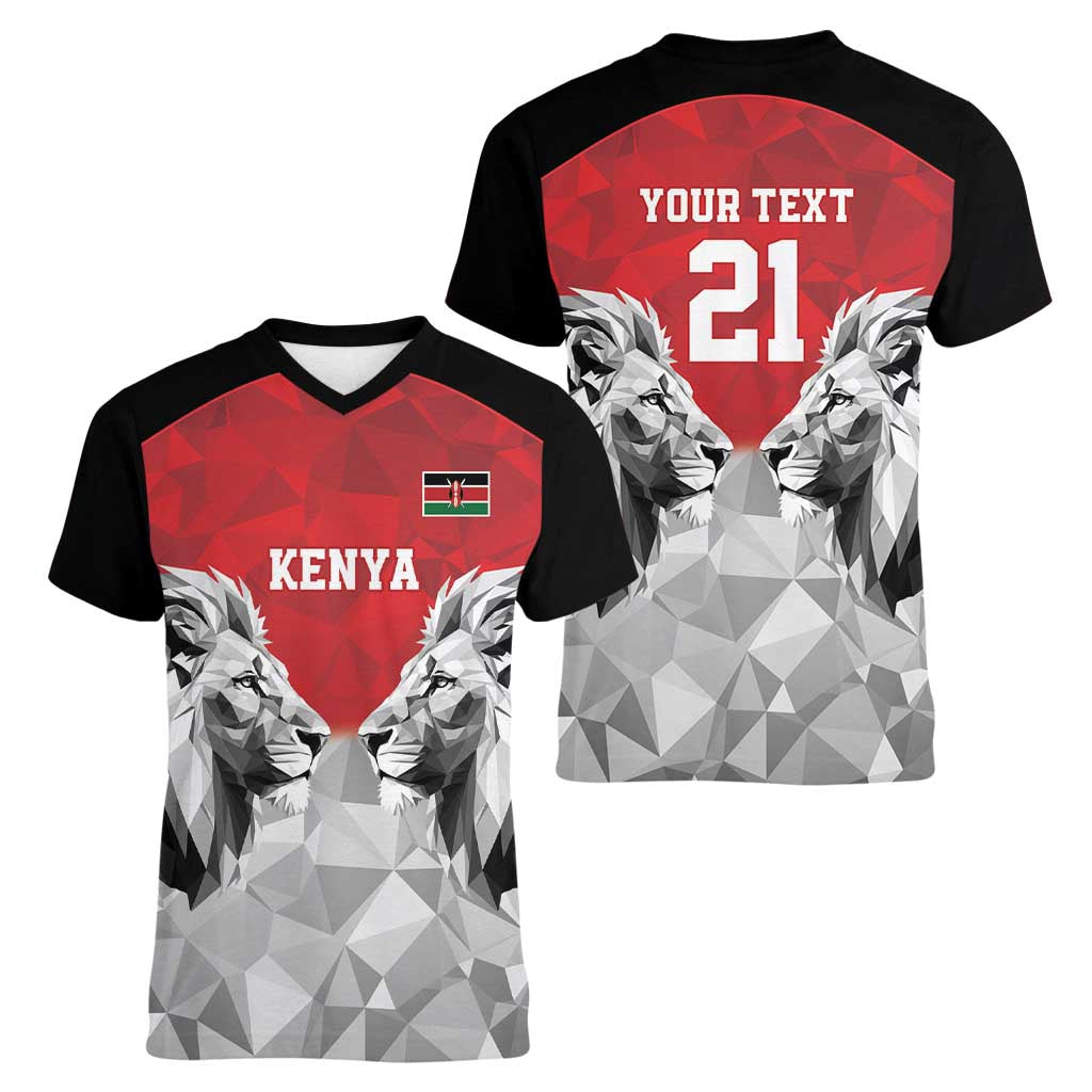 Kenya Rugby Custom Women V-Neck T-Shirt Red Kenyan 22-23 Motif - Wonder Print Shop