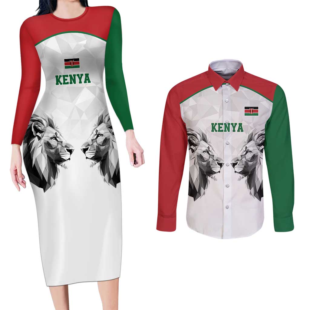 Kenya Rugby Custom Couples Matching Long Sleeve Bodycon Dress and Long Sleeve Button Shirt White Kenyan 22-23 Motif - Wonder Print Shop