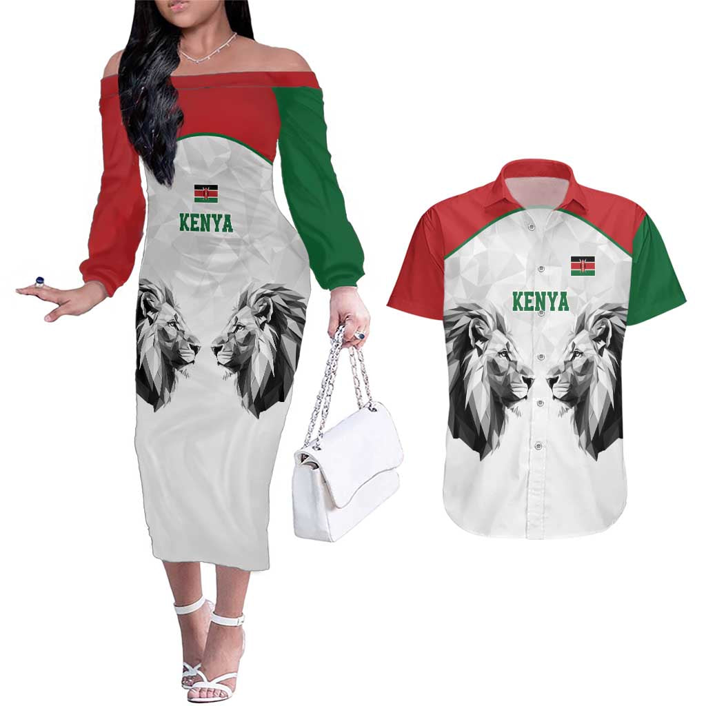 Kenya Rugby Custom Couples Matching Off The Shoulder Long Sleeve Dress and Hawaiian Shirt White Kenyan 22-23 Motif - Wonder Print Shop