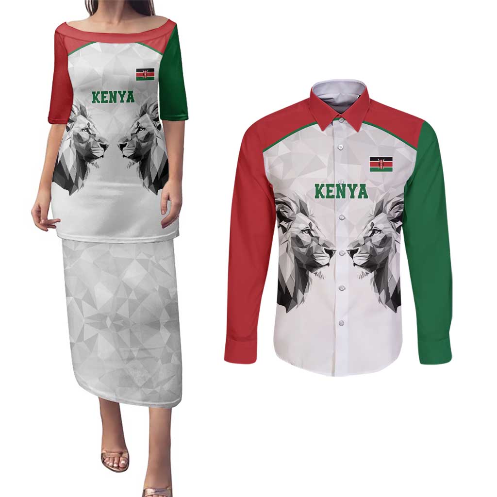 Kenya Rugby Custom Couples Matching Puletasi and Long Sleeve Button Shirt White Kenyan 22-23 Motif - Wonder Print Shop
