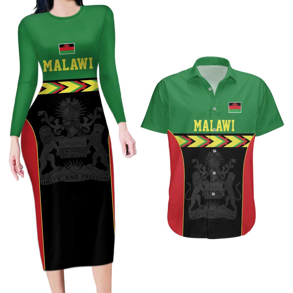 Malawi Cricket Custom Couples Matching Long Sleeve Bodycon Dress and Hawaiian Shirt Malawi Chevron Pattern - Wonder Print Shop